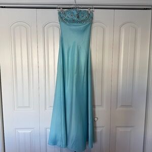 Vintage Cache Y2K Aqua Blue Turquoise Beaded Lace Up Corset Back Prom Dress